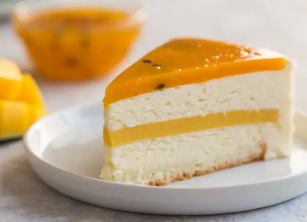 Pyszny kawałek tortu z warstwami białego kremu i żółtym musem mango, zwieńczony galaretką z mango.