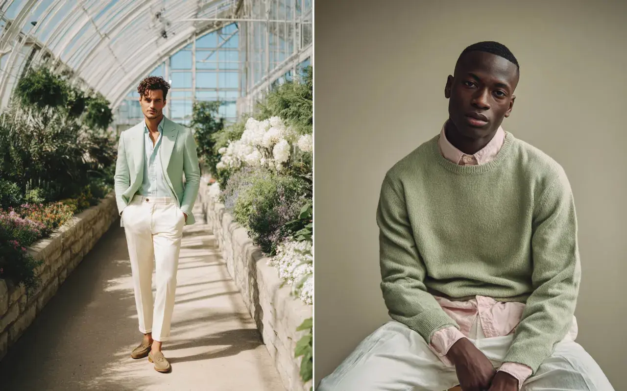 Dos hombres con atuendos que resaltan los colores que combinan con el verde: uno con traje menta y blanco en un invernadero, otro con suéter verde y camisa rosa.