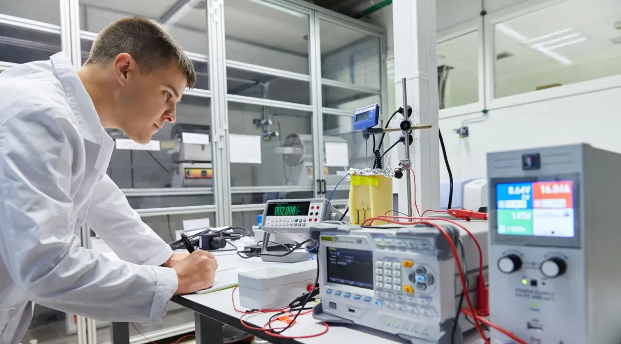 Científico en laboratorio registrando datos de un experimento de transferencia de calor con equipos electrónicos.