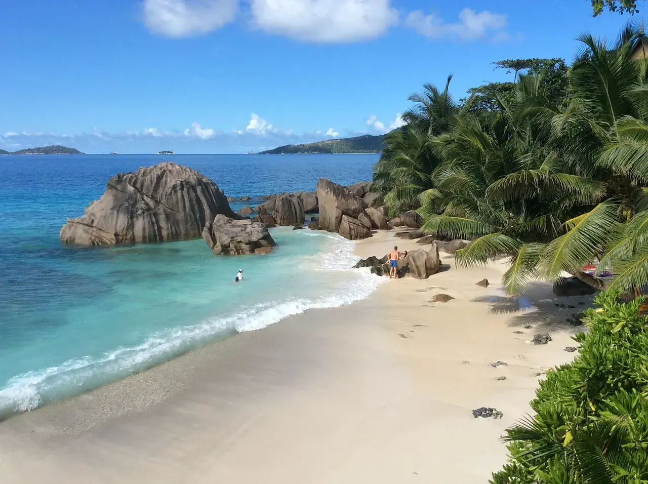Rajska plaża z palmami i granitowymi skałami. Czy to Mauritius czy Seszele? Woda kusi turkusowym kolorem.