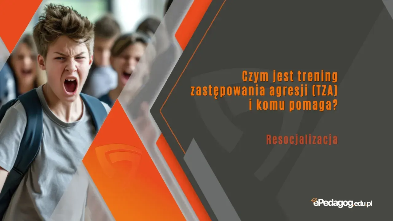 Chłopiec krzyczy, a obok niego inni uczniowie. Grafika promuje trening zastępowania agresji (TZA) i resocjalizację.