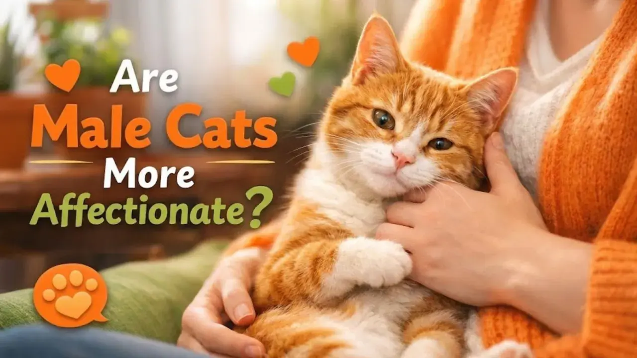 An orange tabby cat is held by a person, with text asking "Are male cats more affectionate?".
