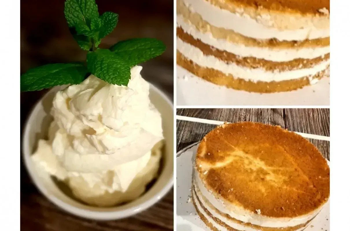 Bita śmietana z mascarpone w miseczce i warstwy tortu z kremem.