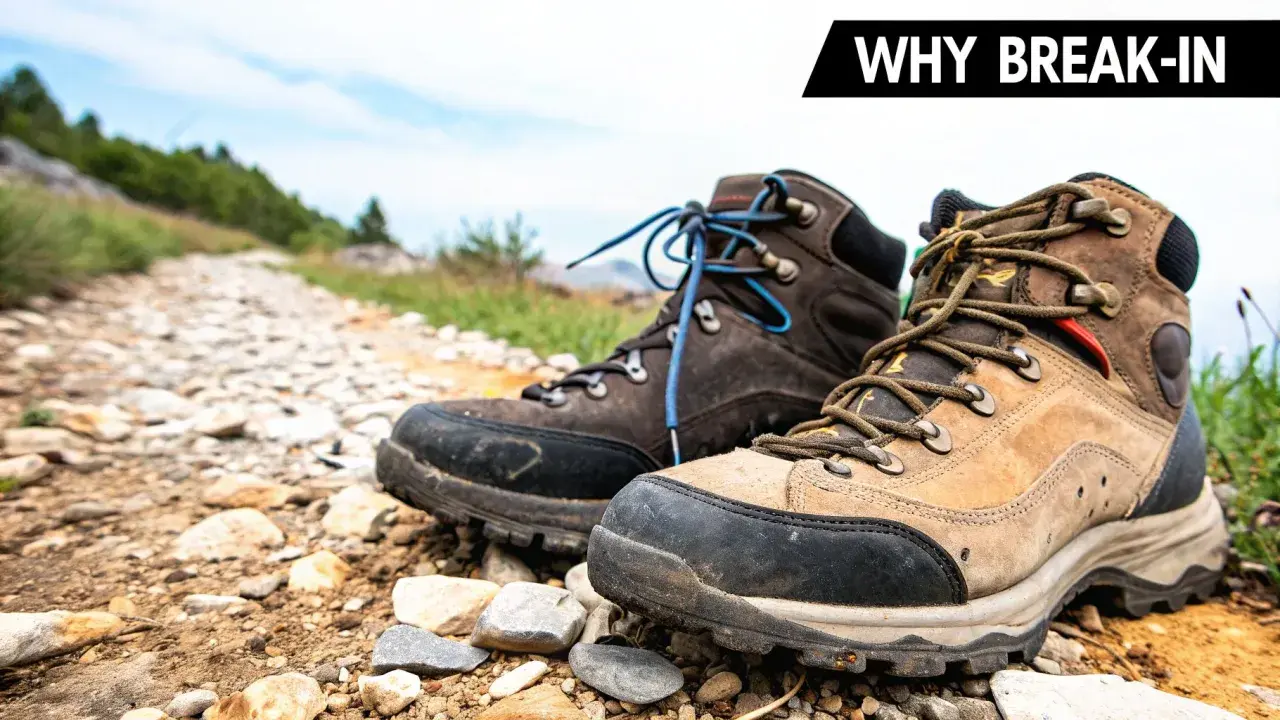 Two hiking boots sit on a rocky trail, ready for an adventure. A perfect hiking fit ensures comfort and support on any terrain.