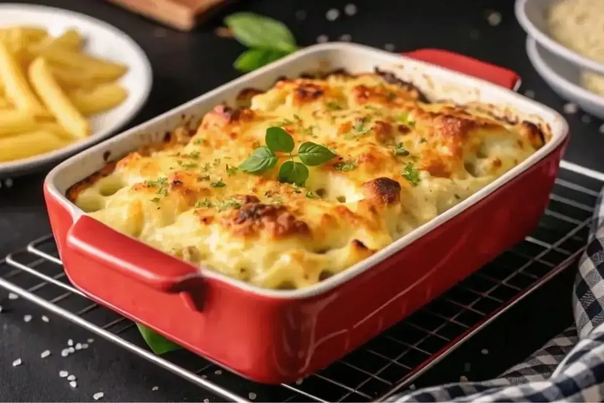 Un gratin de crozet doré et gratiné, garni de persil frais, sort du four. Un plat réconfortant prêt à être dégusté.