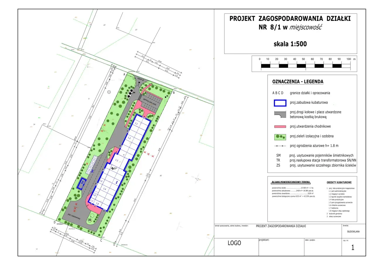 Projekt zagospodarowania działki NR 8/1 z zaznaczoną zabudową, parkingiem, drogami i zielenią. Skala 1:500.
