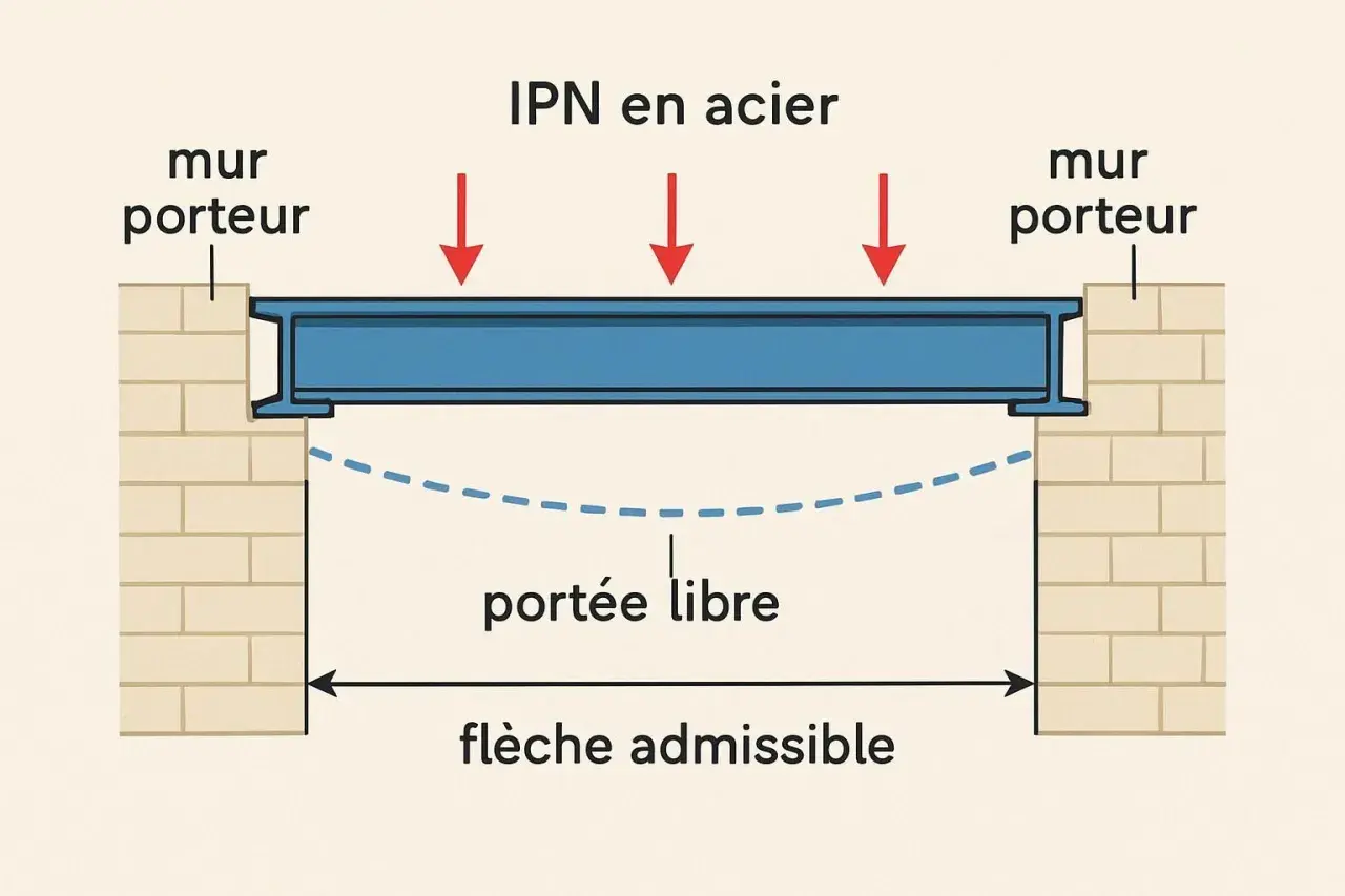 Un IPN en acier repose sur des murs porteurs. La portée libre est la distance entre les murs. La flèche admissible indique la déformation maximale autorisée.