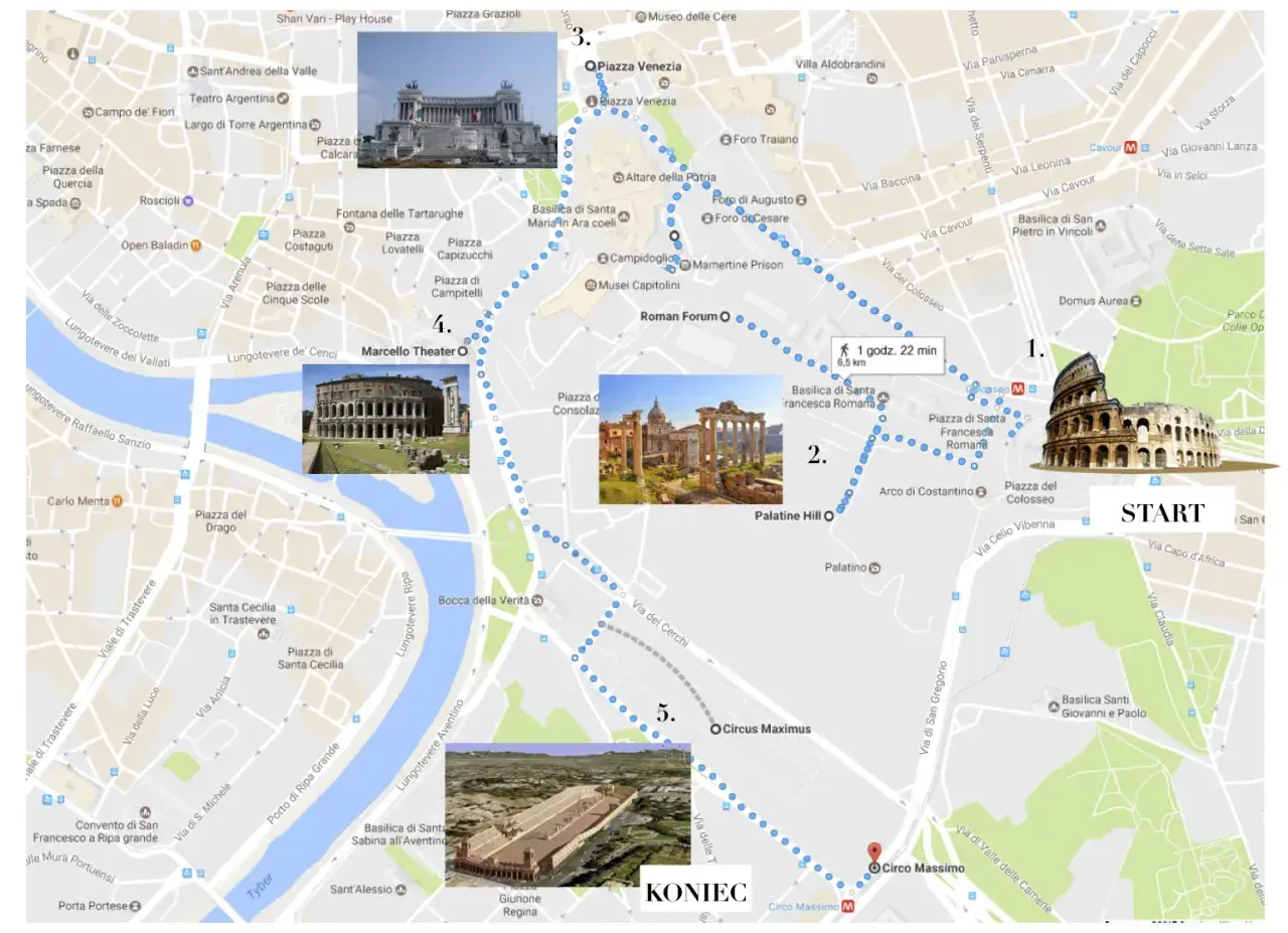 Plan na **rzym w 3 dni**: trasa od Koloseum (1) przez Forum Romanum (2), Piazza Venezia (3), Teatr Marcellusa (4) do Circus Maximus (5).