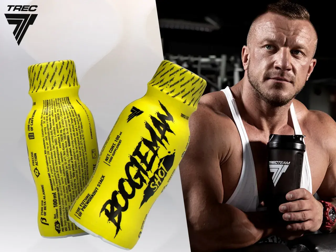 Mężczyzna z potężną sylwetką trzyma shaker, obok niego żółte shoty "Boogieman Shot" - napój dla sportowców.