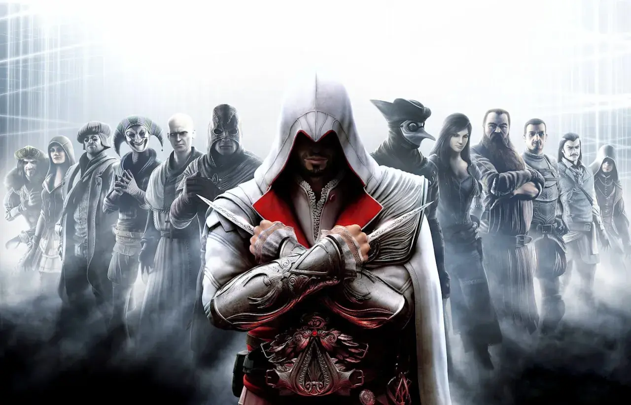 Postacie z gry Assassin's Creed, w tym główny bohater w białym kapturze z ukrytymi ostrzami, gotowi do akcji. To chyba najlepszy assassin's creed.