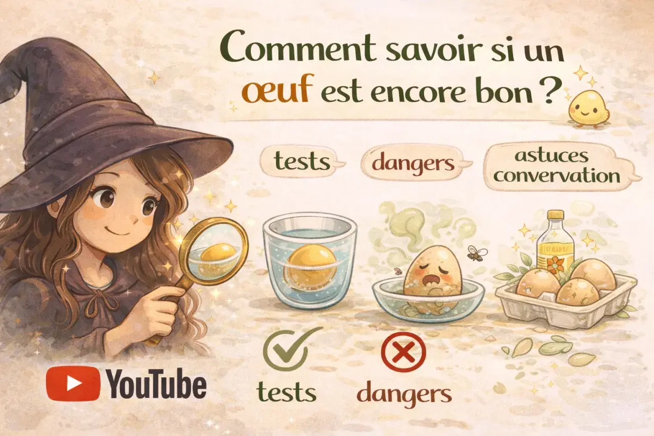 Une sorcière examine un œuf à la loupe. L'image montre des tests pour savoir si on peut manger des œufs périmés, avec des dangers illustrés.