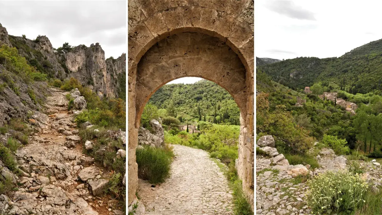 Sentier rocailleux menant à un village pittoresque, idéal pour une rando à Saint-Guilhem-le-Désert.