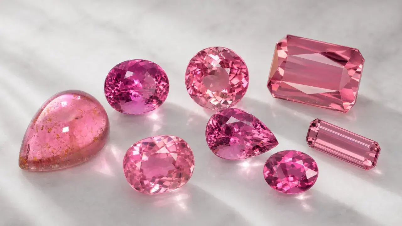 Variedad de turmalina colores rosados, desde el fucsia intenso hasta el rosa pálido, en distintas formas y cortes, brillando sobre una superficie clara.