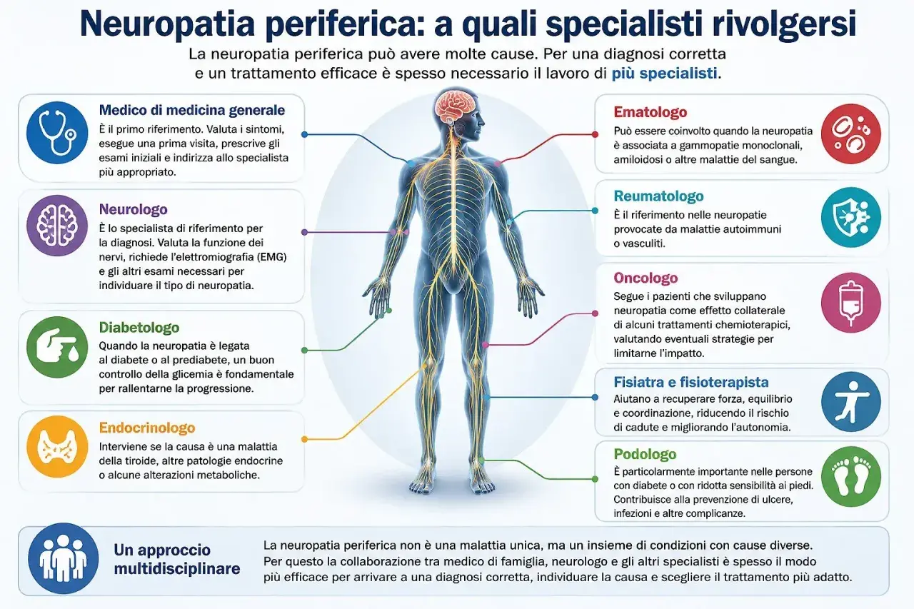 Schema che illustra i vari specialisti per la neuropatia periferica, evidenziando il ruolo del neurologo nella diagnosi.