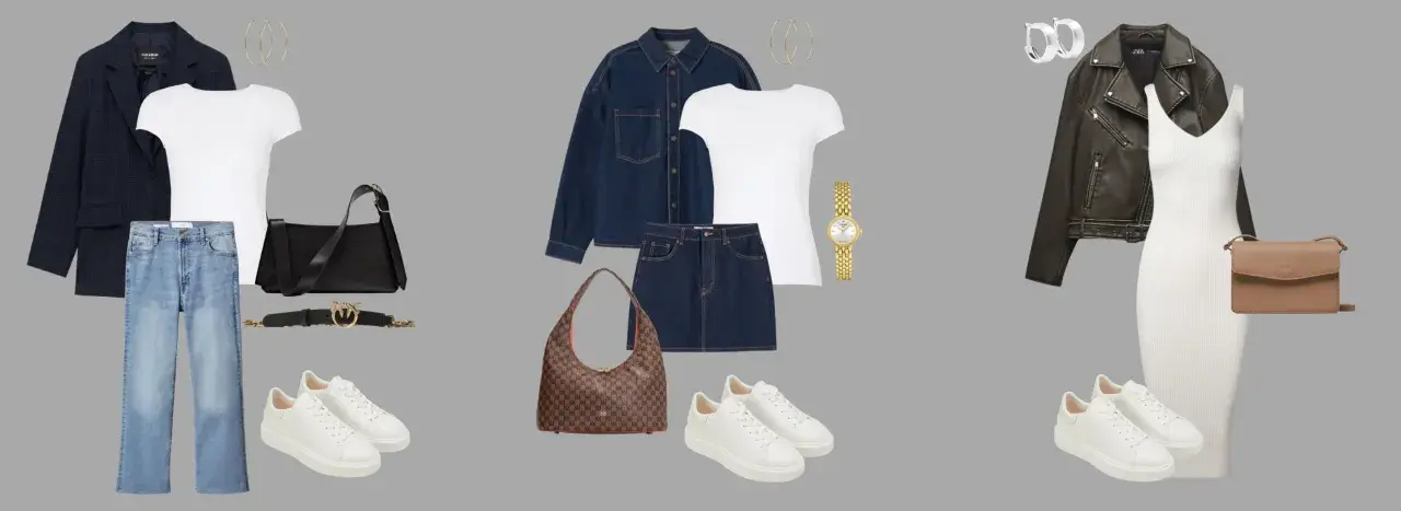 Stylizacje z marynarką oversize, jeansami, sukienką i denimową spódnicą. Białe t-shirty, sneakersy i torebki dopełniają zestawy.