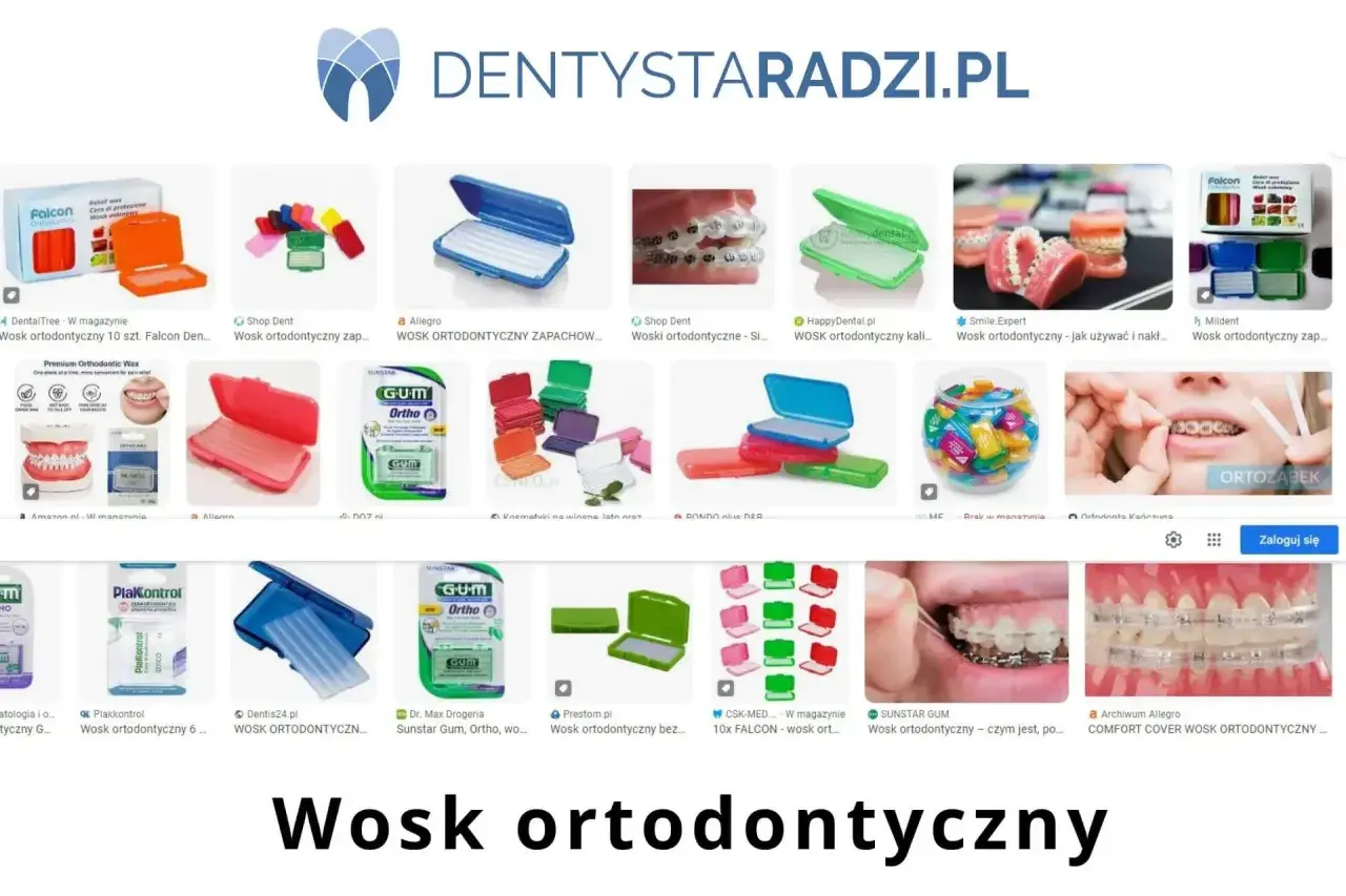 Różne rodzaje wosku na aparat ortodontyczny, w tym opakowania i przykłady użycia.