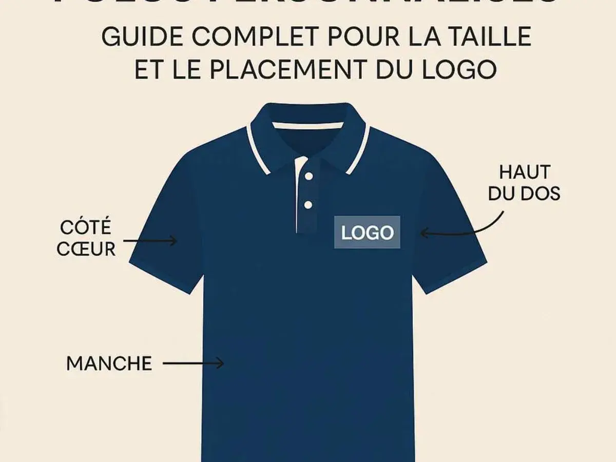 Guide pour le placement du logo sur un polo bleu. Indique les zones : côté cœur, manche, haut du dos.