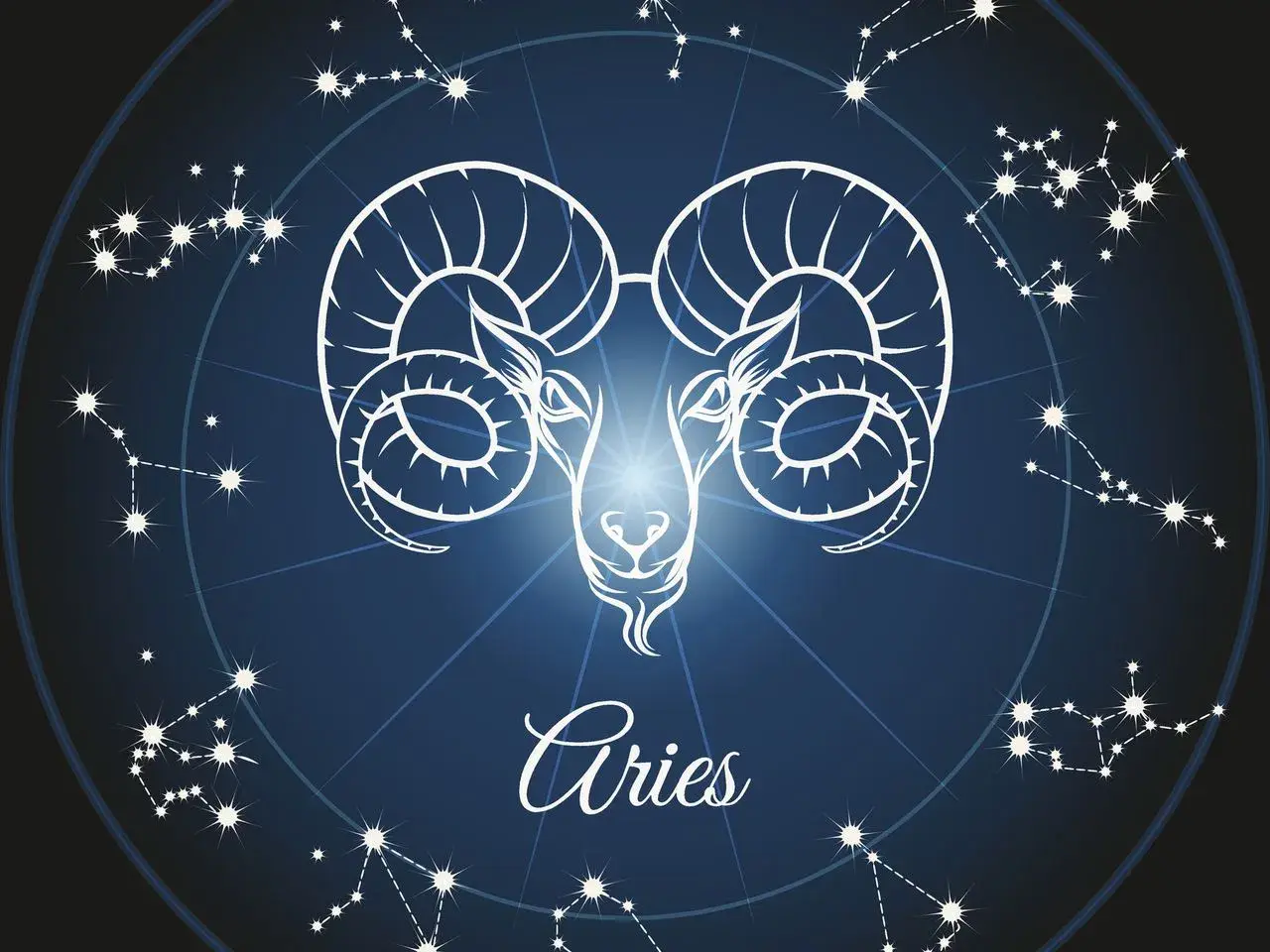Symbol barana, zodiakalny marzec znak zodiaku, otoczony konstelacjami na tle nocnego nieba.