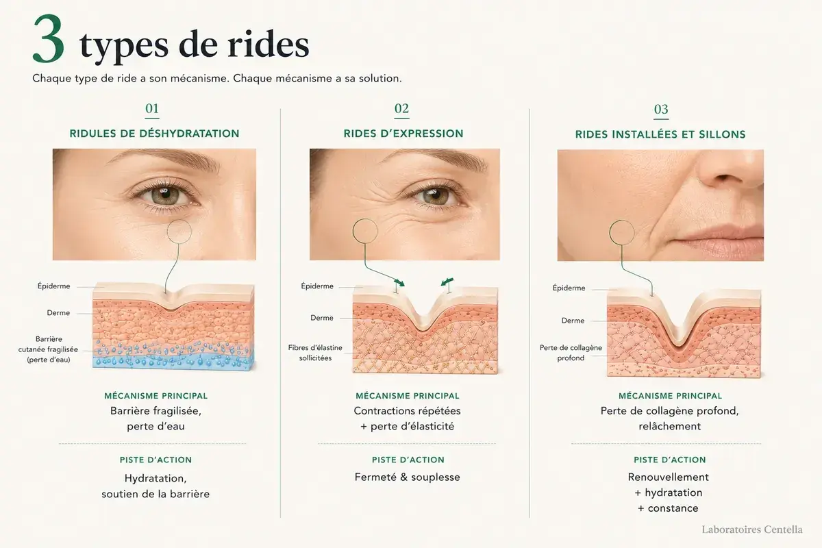 Trois types de rides expliqués : déshydratation, expression et installées. L'image montre des schémas de peau illustrant les causes des rides et ridules.