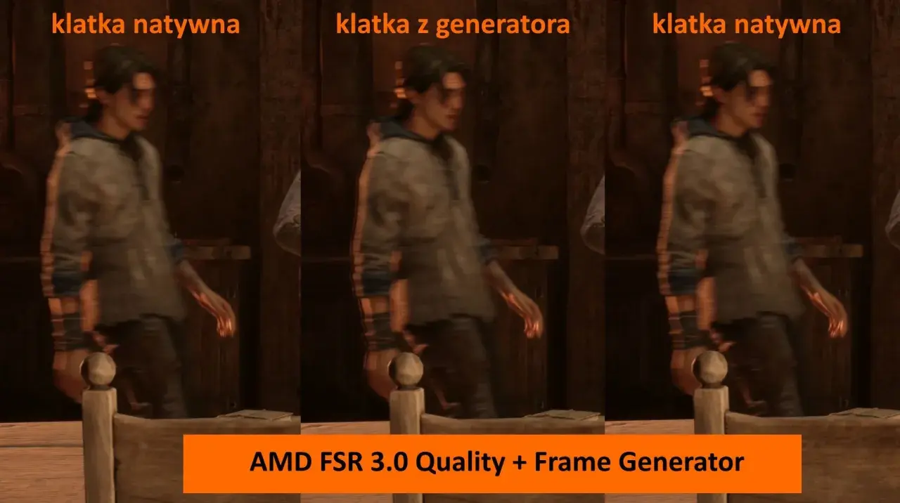 Porównanie klatek: natywna vs. z generatora klatek AMD FSR 3.0 Quality. Widać różnicę w płynności ruchu postaci.