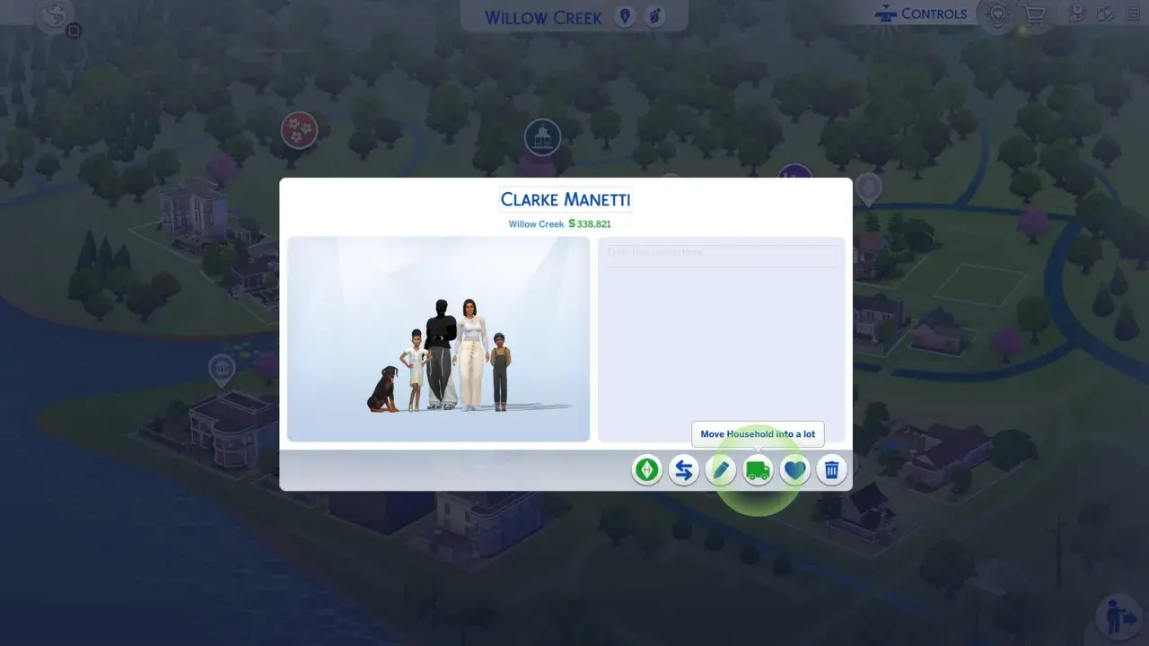 Rodzina Clarke Manetti na mapie Willow Creek. Kliknij ikonę ołówka, by dowiedzieć się, jak edytować sima podczas gry Sims 4 kodem.