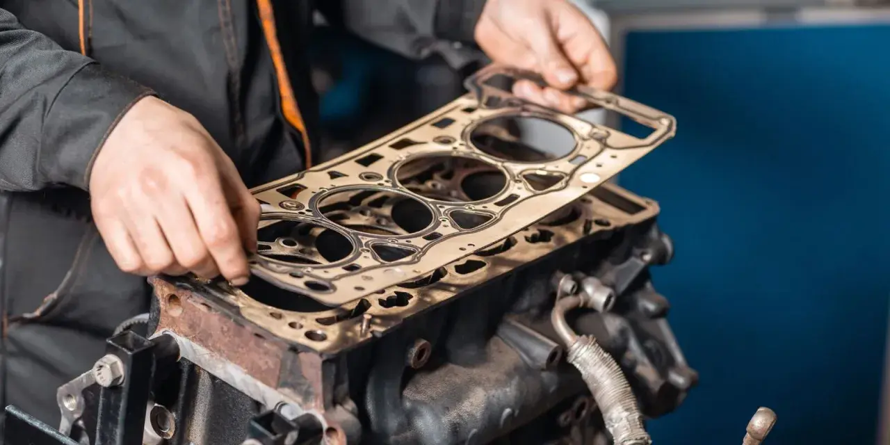 Meccanico posiziona una nuova guarnizione della testata su un motore. Scopri quanto costa cambiare la guarnizione della testata.