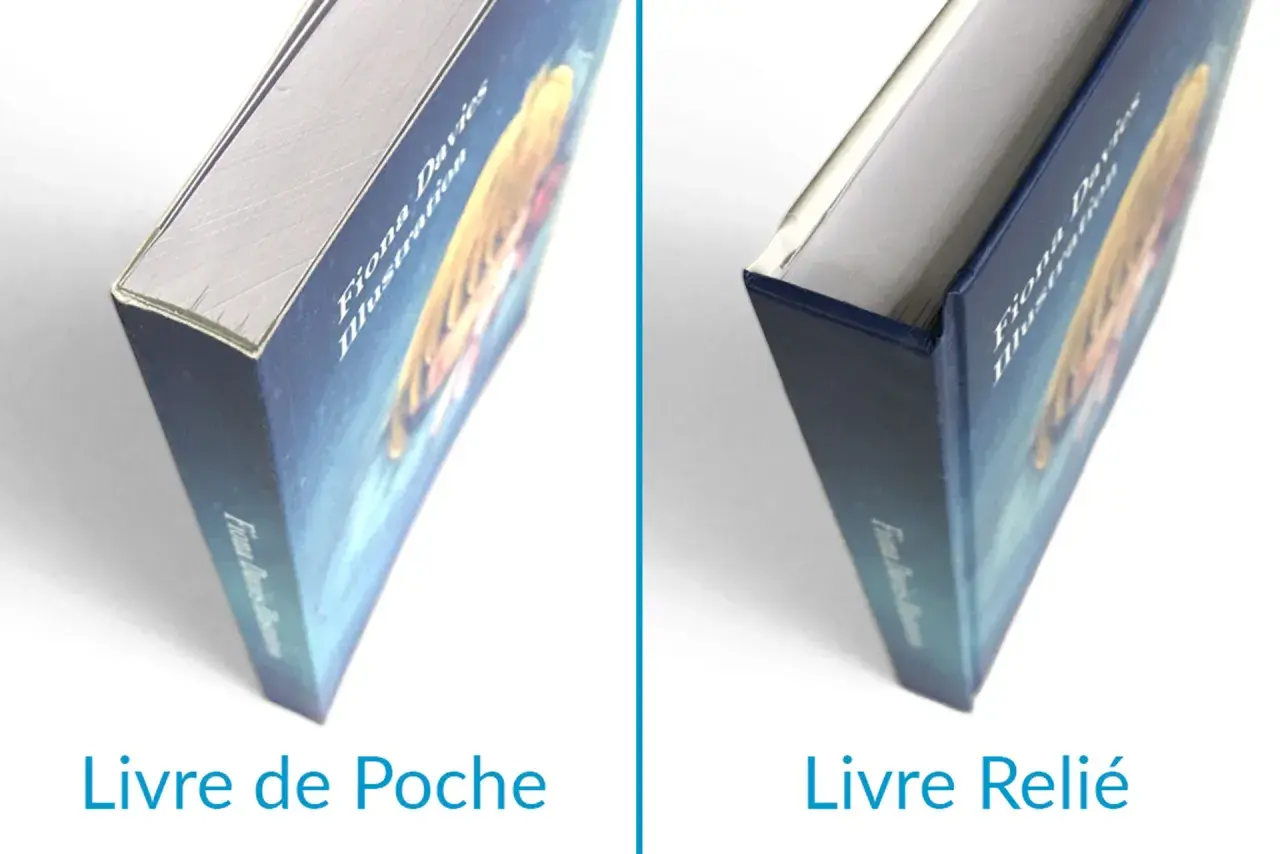 Comparaison visuelle : la différence entre broche et poche. Un livre de poche à gauche, un livre relié à droite, montrant leurs couvertures distinctes.