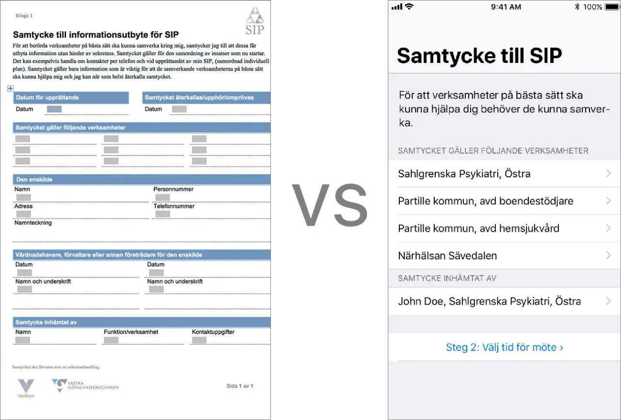 Samtycke till informationsutbyte för SIP, en samordnad individuell plan, visas på papper och mobil.
