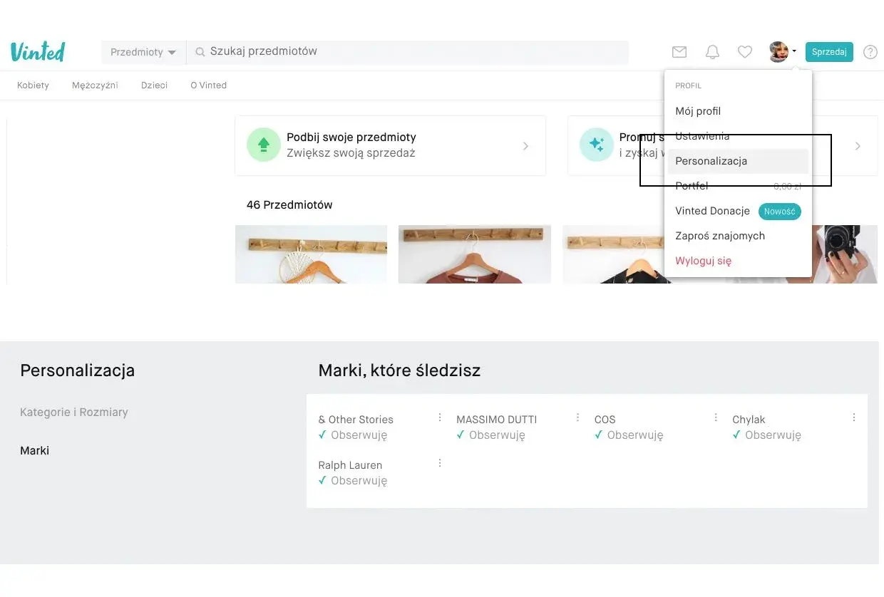Ustawienia profilu na Vinted, w tym Personalizacja i lista obserwowanych marek.