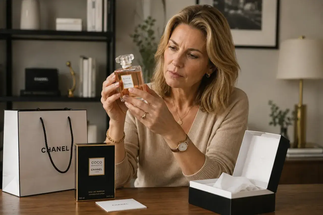 Kobieta sprawdza, jak sprawdzić czy perfumy są oryginalne, trzymając flakonik Chanel Coco Mademoiselle. Obok pudełko i torba.