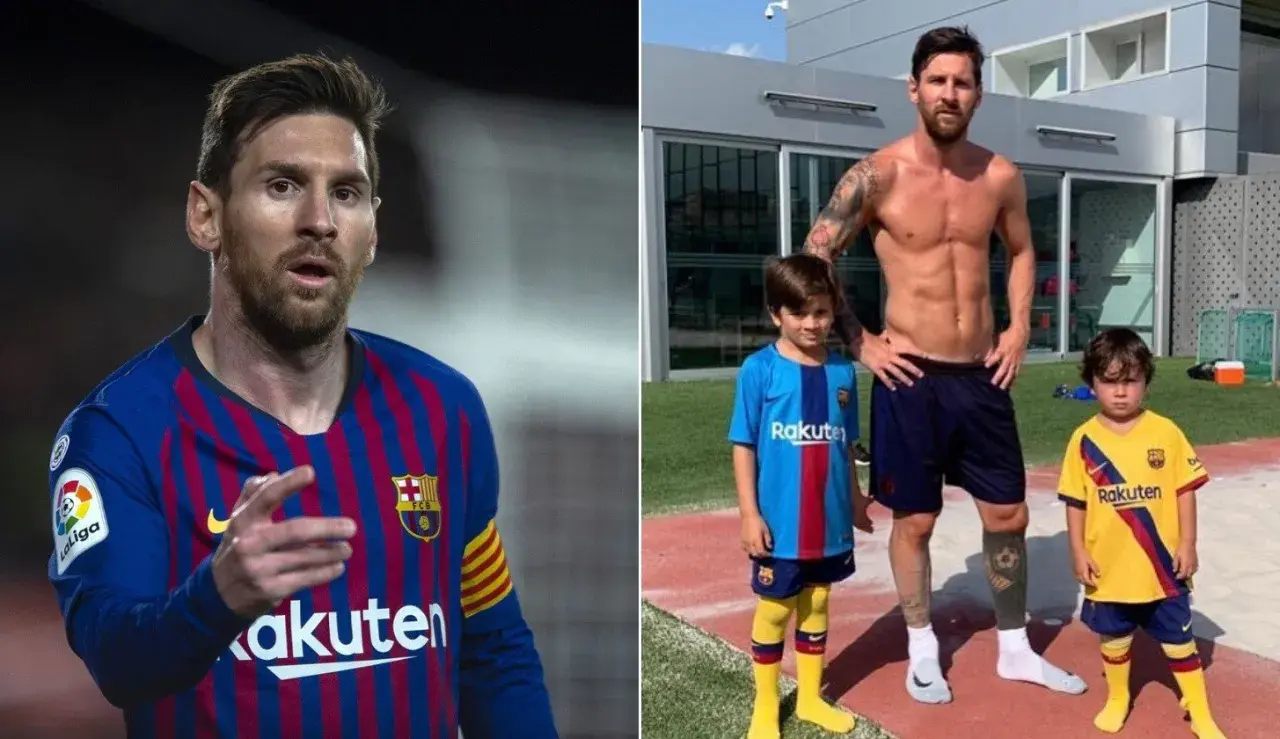 Messi waga: piłkarz w stroju Barcelony i z synami na boisku.