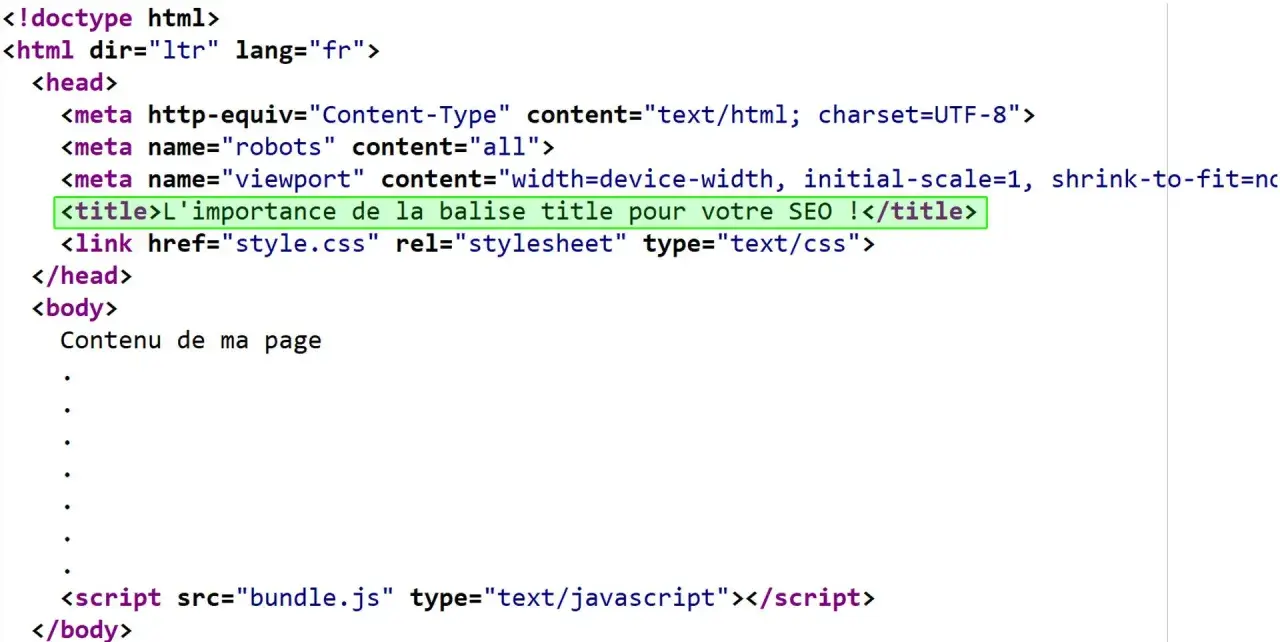 Code html montrant la balise title pour le SEO.