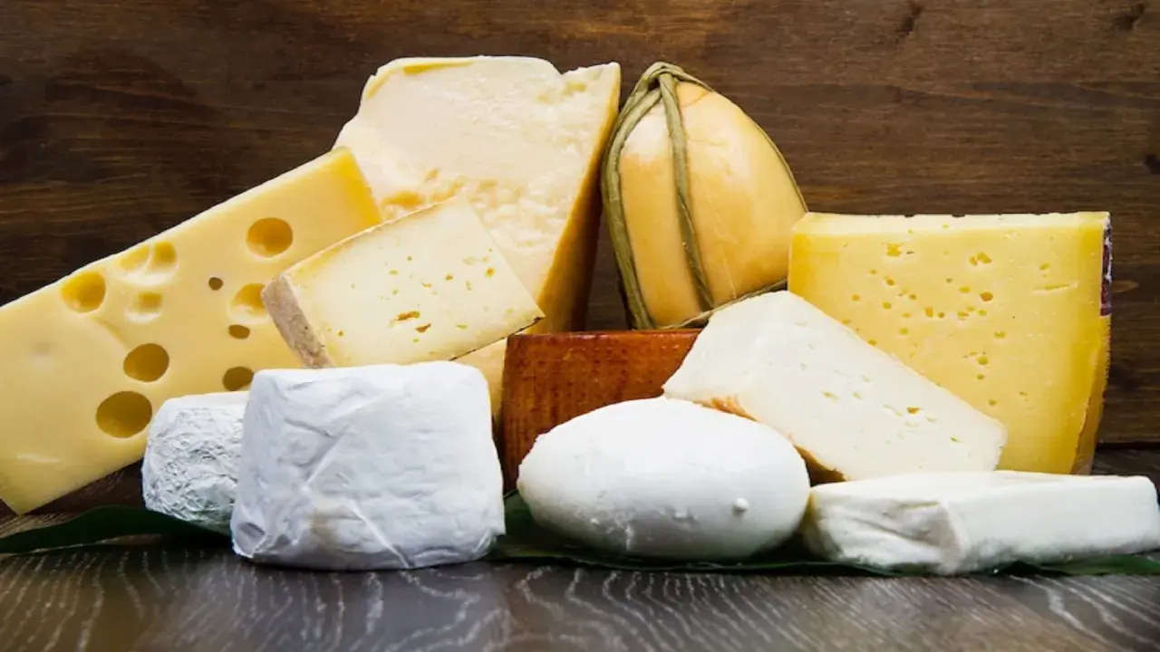 Varietà di formaggi, tra cui spicca un formaggio pasta filata dalla forma tondeggiante, su un tavolo di legno scuro.