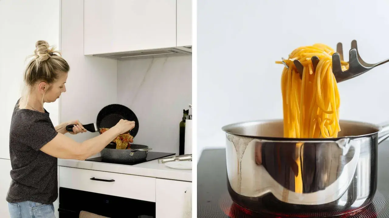 Frau kocht ein einfaches Bolognese Rezept. Spaghetti werden aus einem Topf gehoben.