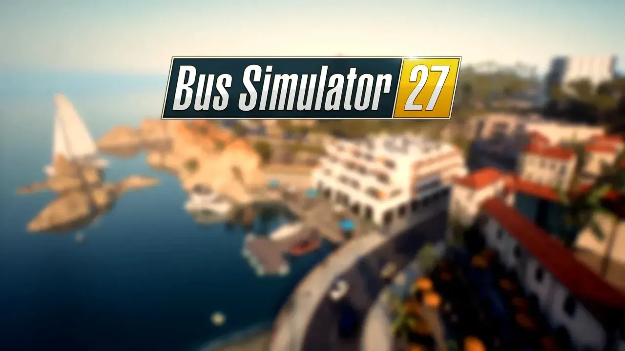 Titelbild für Bus Simulator 27: Eine Küstenstadt mit Yachten und Gebäuden.