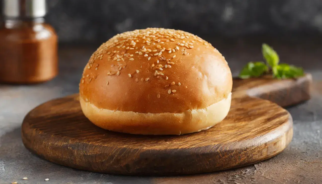 Ein goldbrauner Burger-Bun mit Sesam bestreut, liegt auf einem rustikalen Holzbrett.