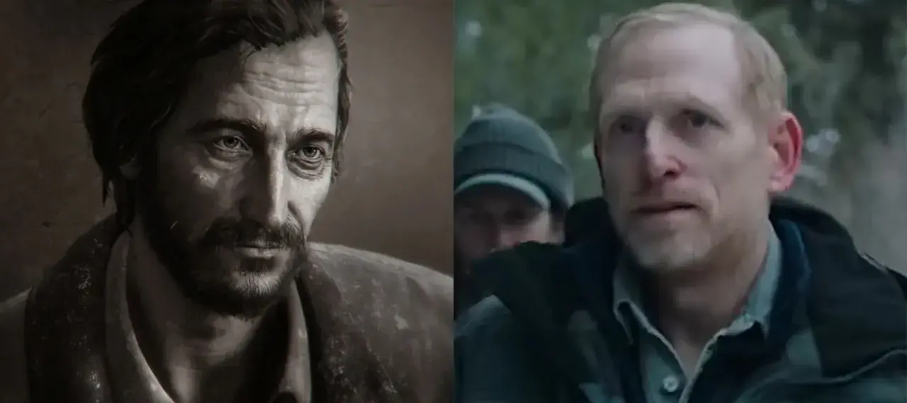 Porównanie postaci z gry i serialu. Po lewej grafika Joela, po prawej Pedro Pascal jako Joel. The last of us obsada.