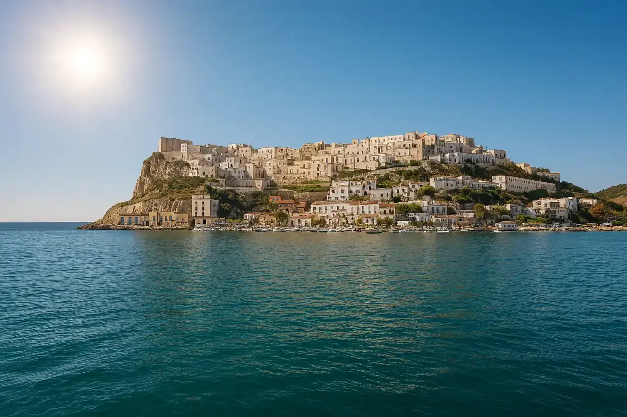 La spiaggia La Cala di Peschici, con le sue case bianche aggrappate alla roccia, si specchia nel mare blu sotto un sole splendente.
