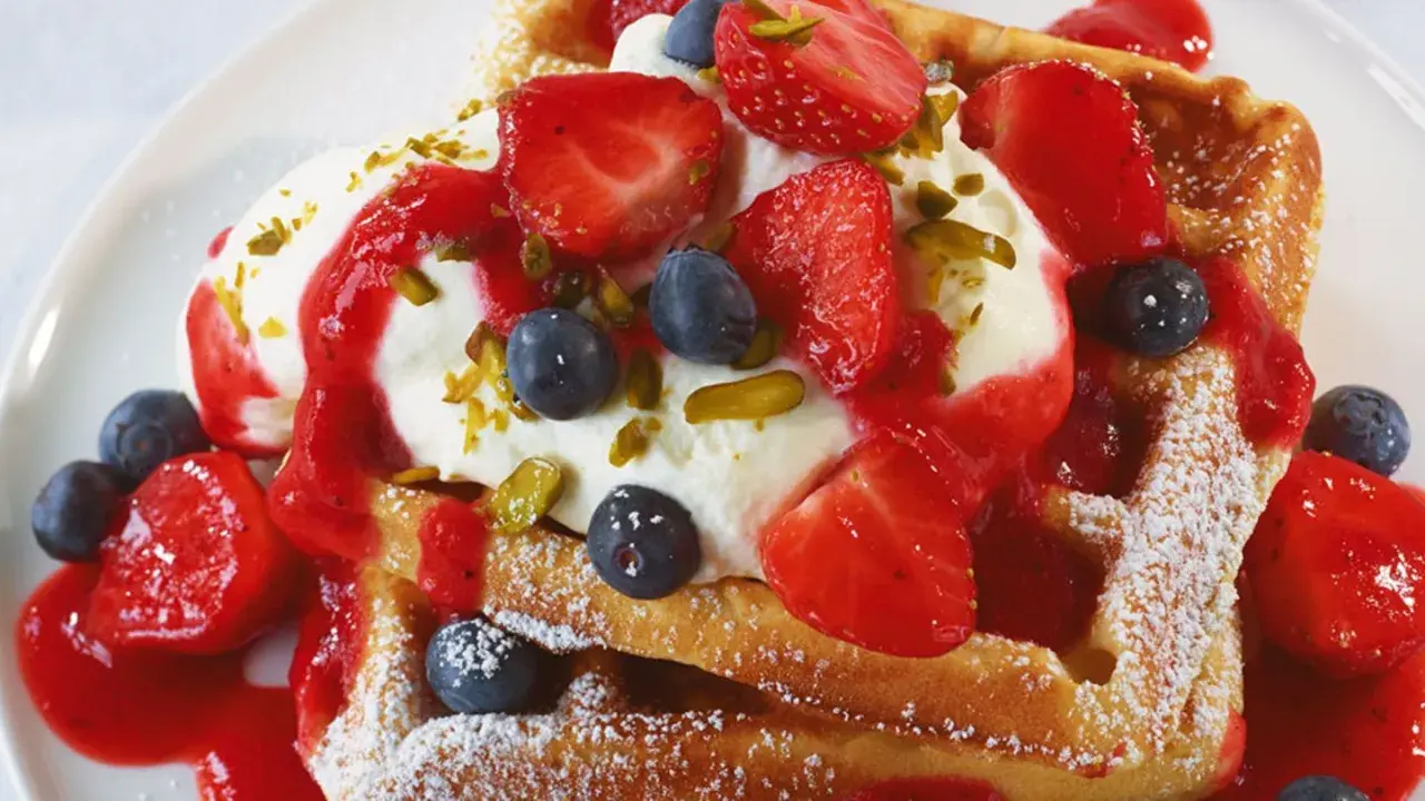 Goldbraune Waffeln mit Sahne, Erdbeeren, Blaubeeren und Erdbeersauce, bestreut mit Pistazien. Ein süßer Genuss!