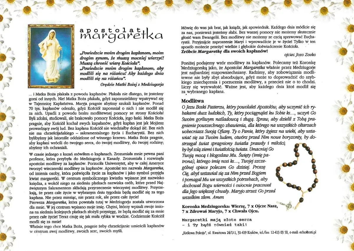 Modlitwa do św. Jacka i Matki Bożej z Medziugorja. Obraz Matki Bożej i tekst o apostolacie Margaretka.
