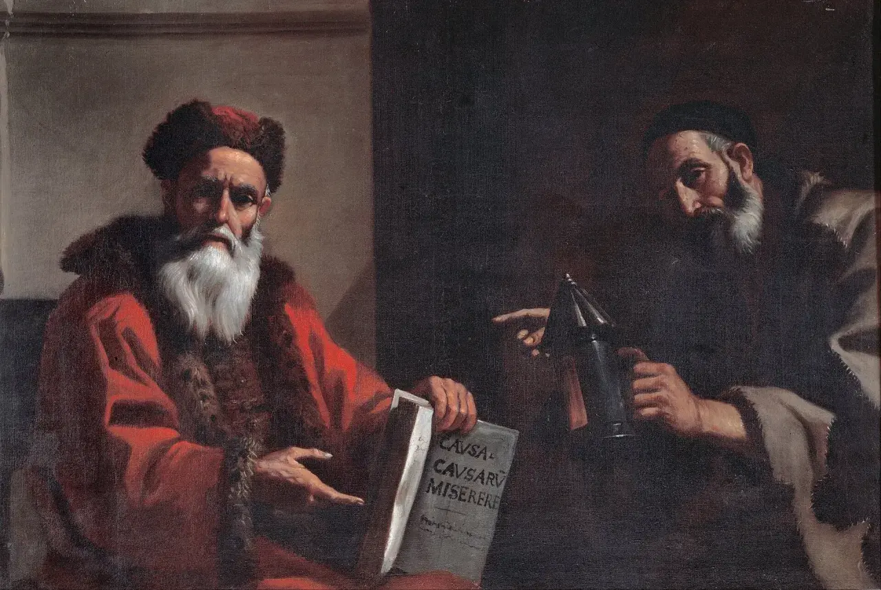 Dwóch mężczyzn, jeden z białą brodą, trzyma księgę z napisem "CAVSA CAVSARVM MISERERE". Drugi wskazuje na przyrząd, symbol racjonalizmu.