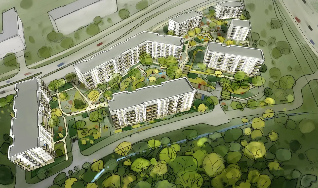 Wizualizacja osiedla Harmonia Mokotów: nowoczesne budynki mieszkalne otoczone zielenią i placami zabaw.