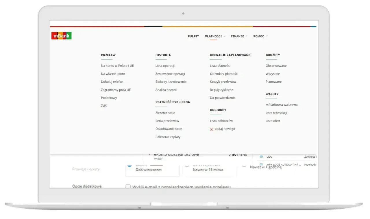 Menu mBank: przelewy, historia, płatności cykliczne, odbiorcy, operacje zaplanowane, budżety, waluty. Jak wyłączyć dzienny wykaz operacji mbank?
