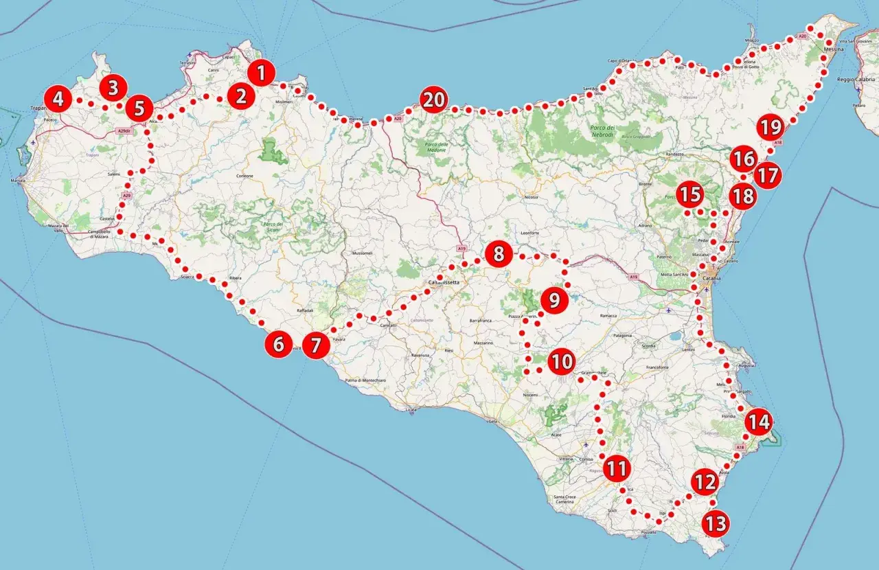 Mappa della Sicilia con itinerario turistico numerato. Un viaggio ideale per scoprire l'isola, magari dopo aver pagato la tassa automobilistica Sicilia.