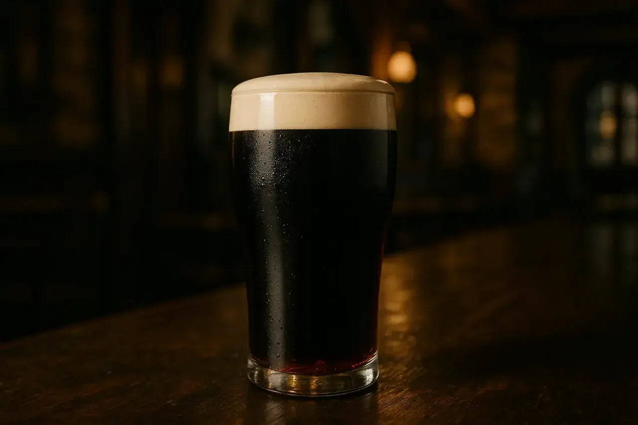 Un verre de Guinness, d'un noir profond, sur un comptoir en bois. La mousse crémeuse couronne cette bière iconique, expliquant pourquoi la Guinness est noire.