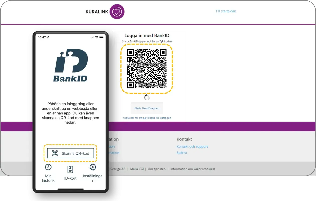 Mobiltelefon visar BankID-app för att skanna QR-kod på datorn för inloggning.