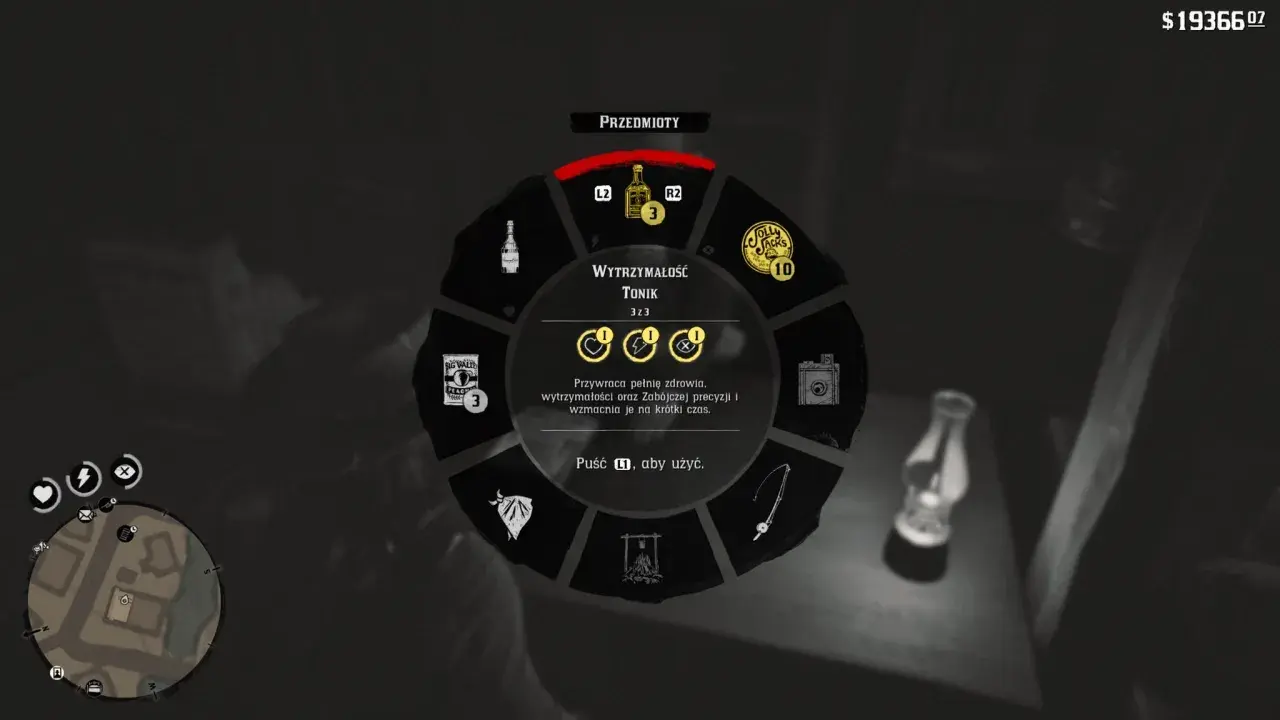 Red Dead Redemption poradnik: Koło przedmiotów z tonikiem wytrzymałości. Przywraca zdrowie i wzmacnia na chwilę.