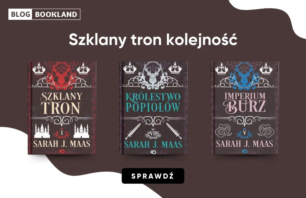Okładki książek "Szklany tron", "Królestwo popiołów" i "Imperium burz" autorstwa Sarah J. Maas.