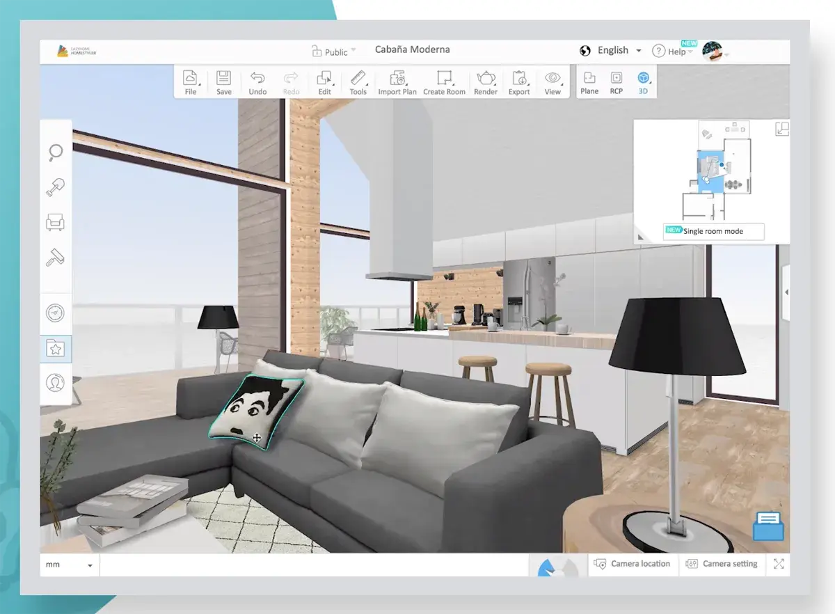 Software per progettare e decorare la casa: un soggiorno moderno con divano grigio, cuscini, lampada e cucina a vista.