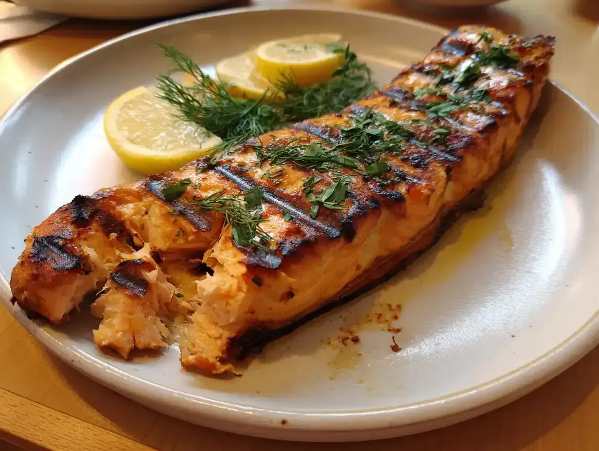 En perfekt grillad laxsida med krispiga grillränder, garnerad med dill och citronklyftor.